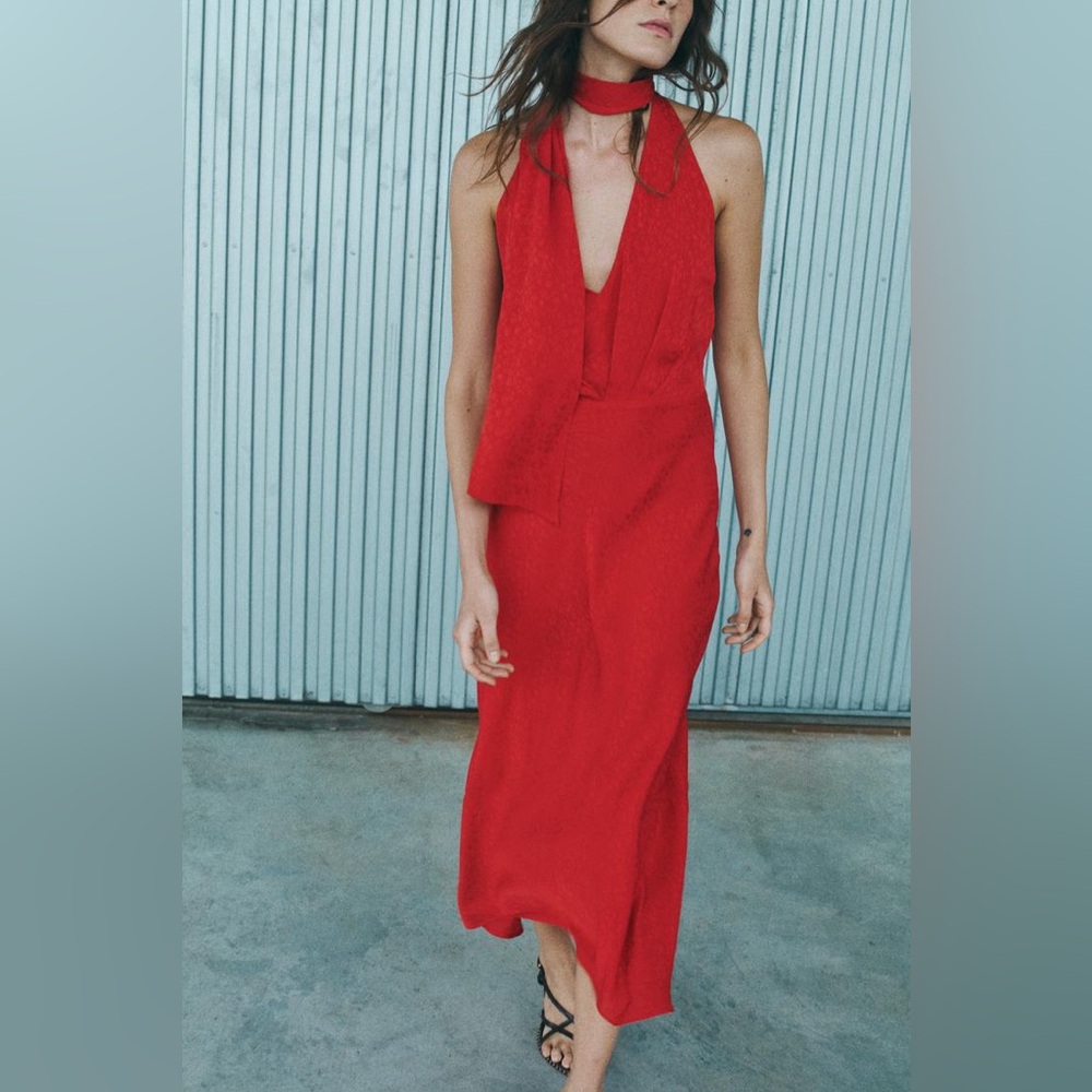 NWT Zara Satin Effect Jacquard Dress in Red - Medium